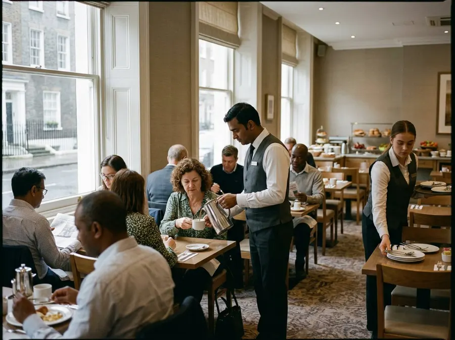 Hotel breakfast service with a staff member pouring coffee