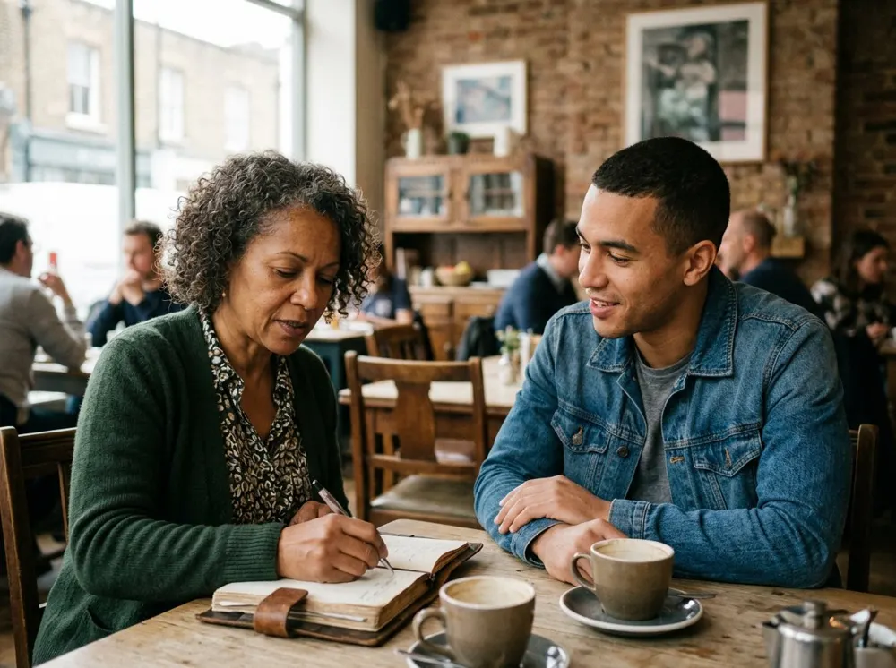 A face-to-face meeting in a London café to discuss staffing requirements